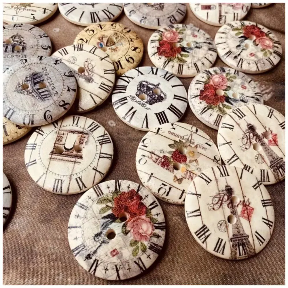 NWT Vintage Shabby Chic Wooden Clock Buttons Floral Crown Lot of 30